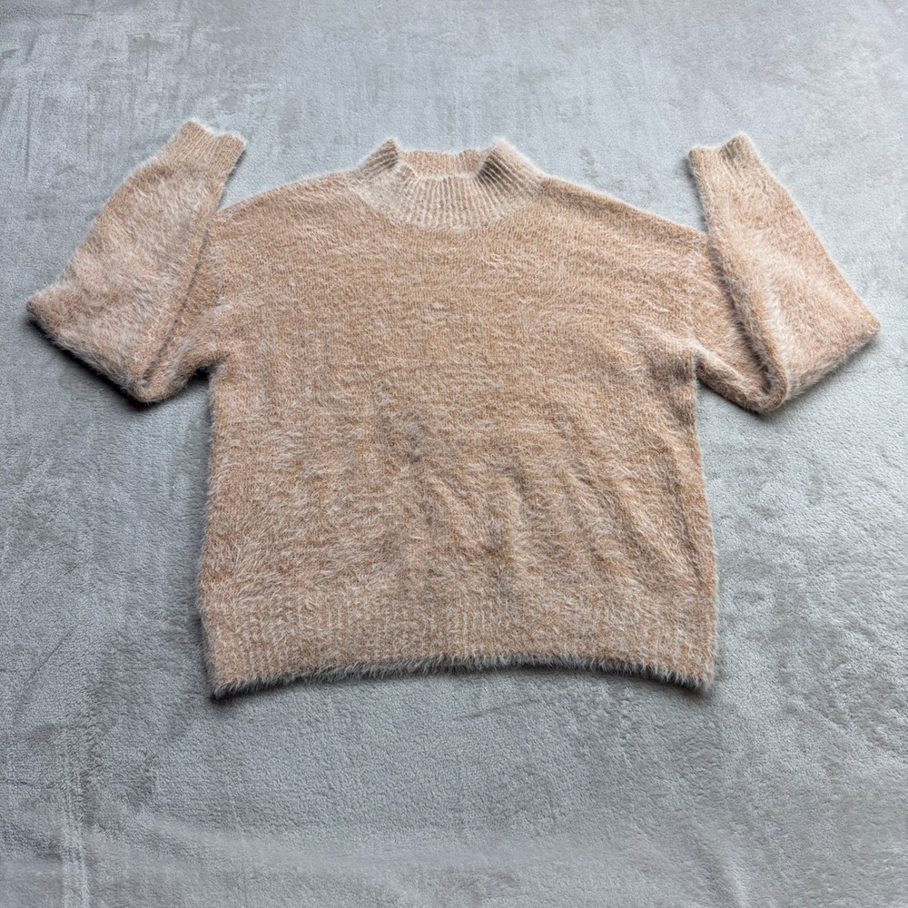 Falls Creek Pullover Sweater Women's Large Tan Fuzzy Eyelash Knit Mock Neck Cozy